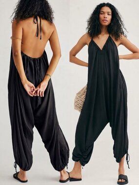 Free People Always Fun Jumpsuit XL Black Boho Linen Blend Balloon Harem Romper